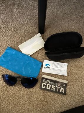 Costa Aviator Sunglasses with Blue Mirrored Lenses and Black Frame
